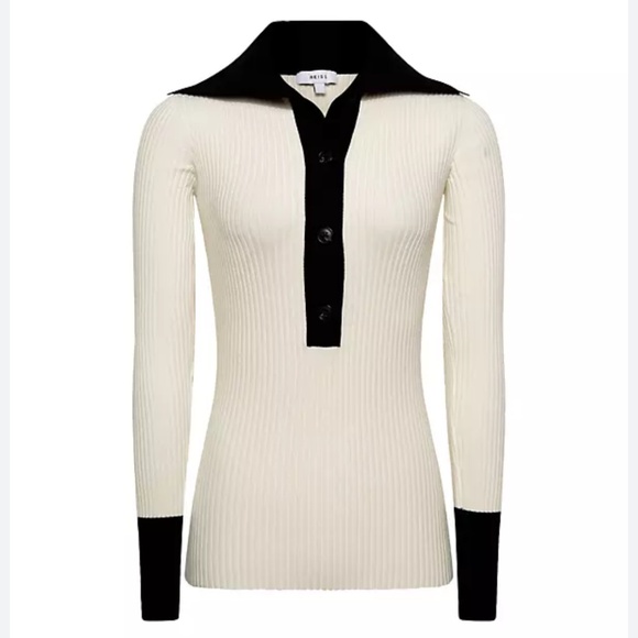 REISS Maia Ivory Black Rib-Knit Half Button Knit Top Sweater XS 2 - Picture 4 of 4